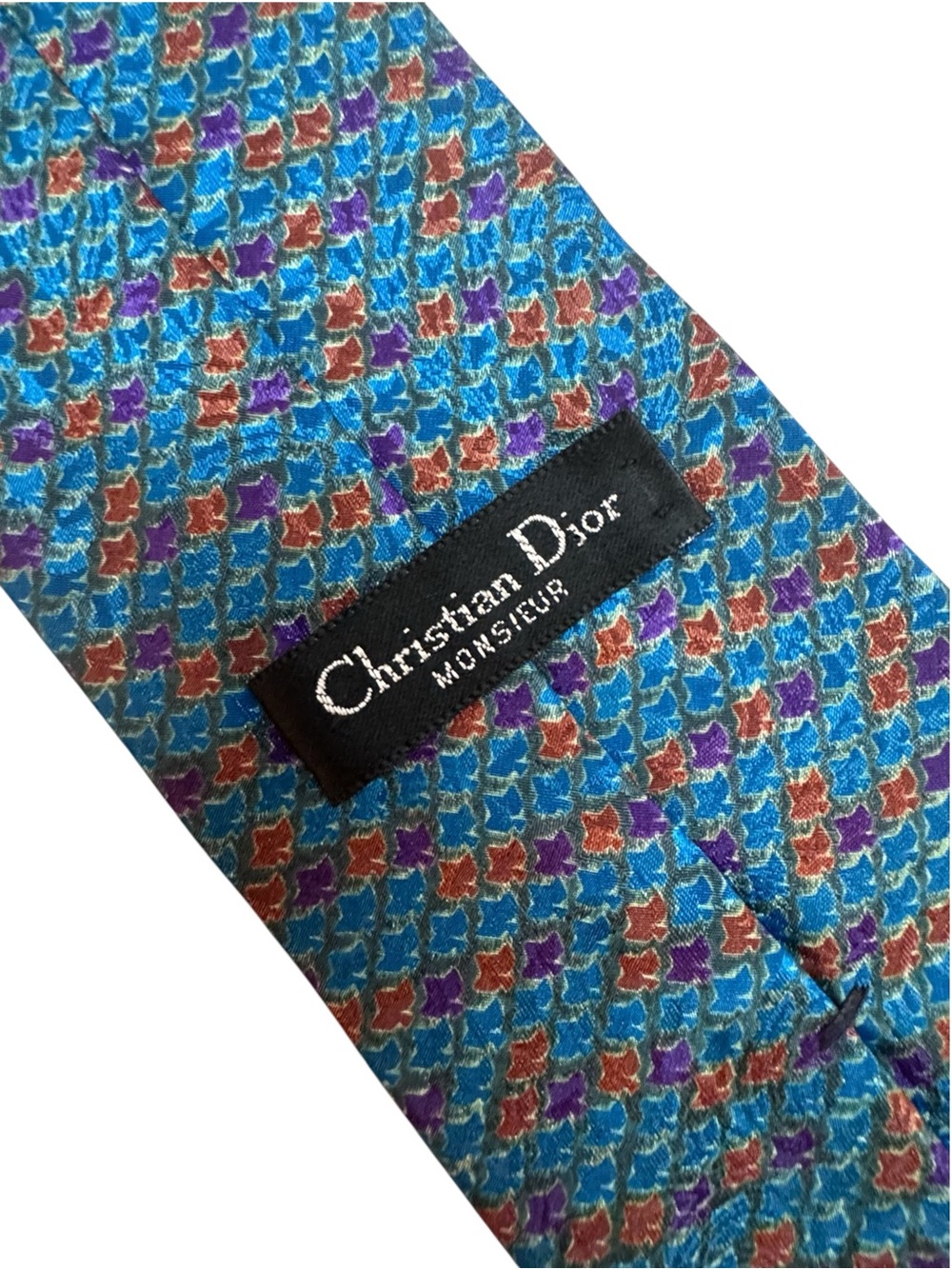 Dior Monsieur Teal Blue Silk Tie with Purple and Brown Stars